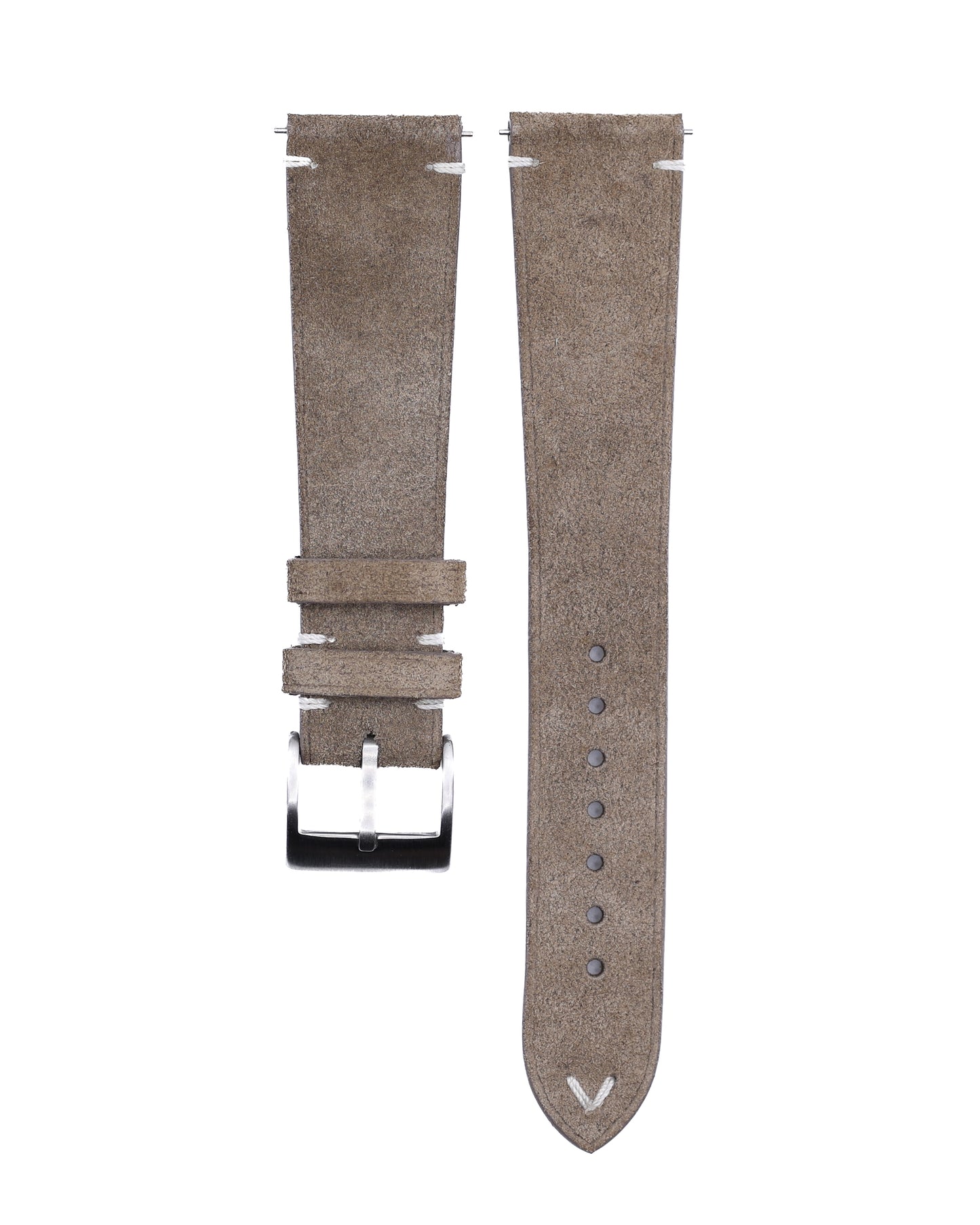 Brown suede watch strap with silver buckle on a white background